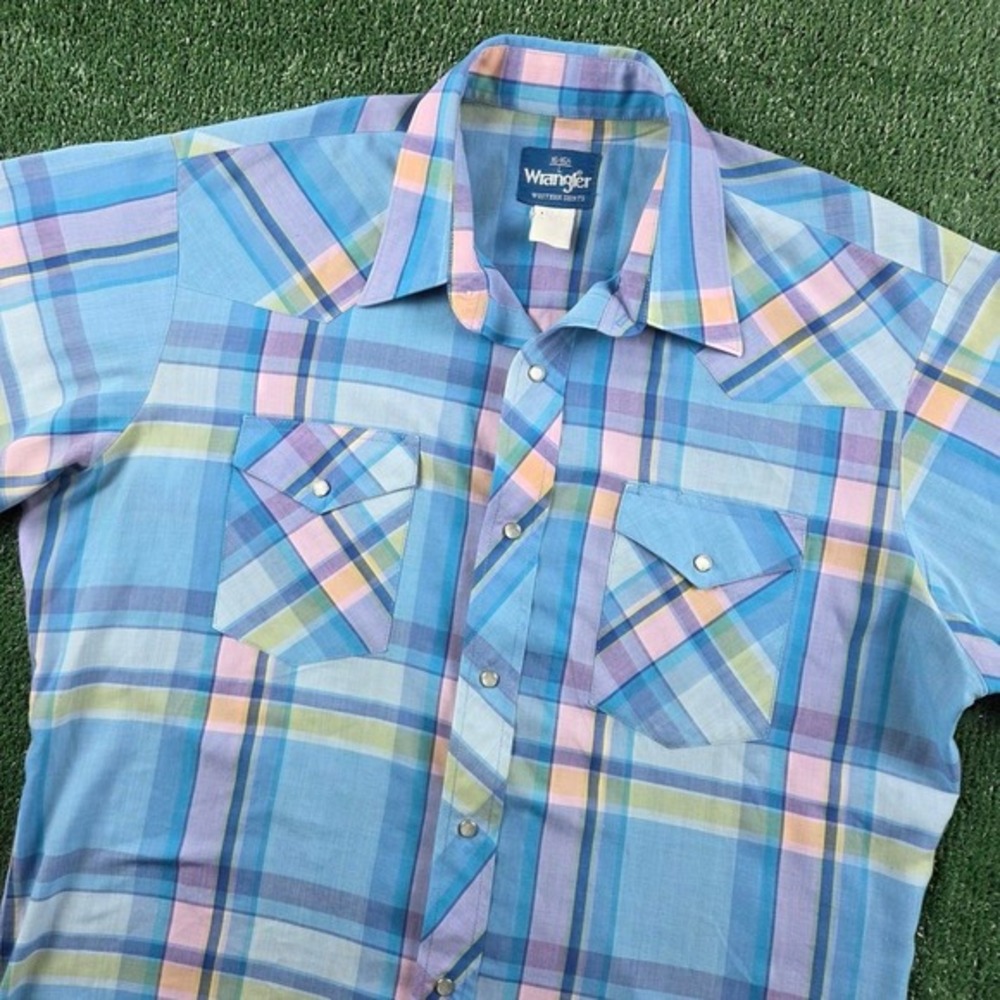 Wrangler Western Shirt Mens Large Blue Plaid Pearl Snap Short Sleeve Yoke Cowboy